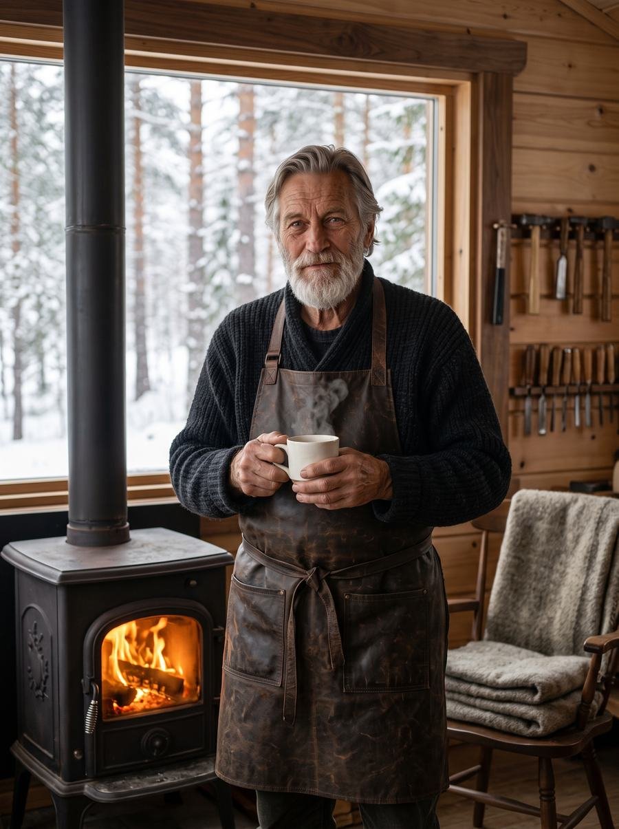 Einar, ebanista del Norte, con una taza entre las manos junto a la estufa de su taller