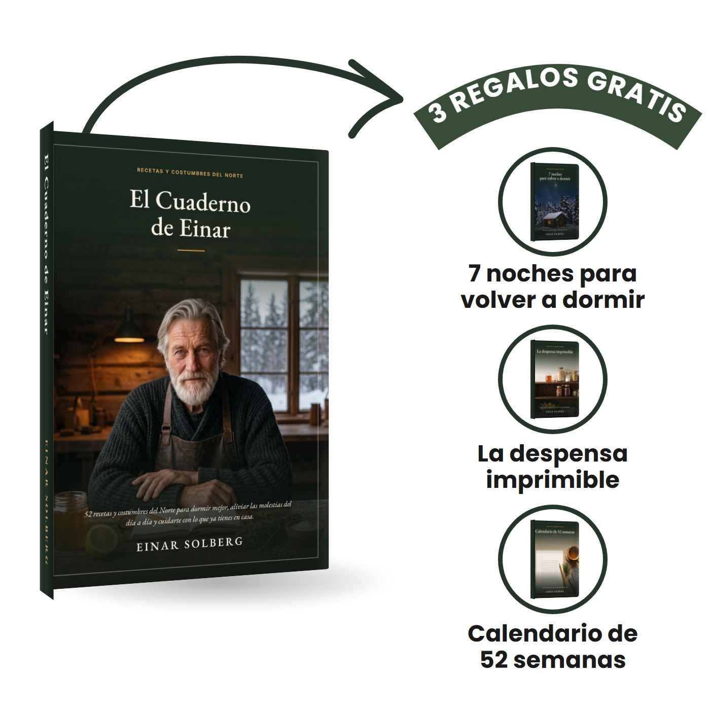 El Cuaderno de Einar, libro de tapa dura con lomo verde oscuro, y sus 3 regalos gratis: 7 noches para volver a dormir, La despensa imprimible y Calendario de 52 semanas