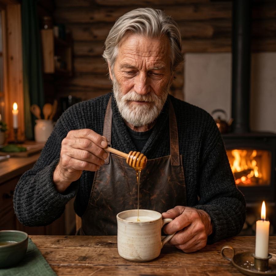 Einar vertiendo miel en una taza